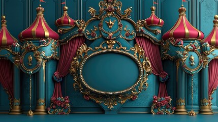 Fototapeta premium Ornate Gold Teal Rococo Stage Design with Blank Centerpiece