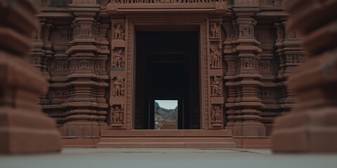 This captivating image captures the intricate design of temple architecture through an open doorway, symbolizing spirituality and cultural heritage, inviting viewers into a sacred space.