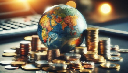 Global finance, world economy, Earth globe, stack of dollar bills, gold coins, international banking, wealth distribution, monetary policy, economic power, global trade, financial markets, currency ex