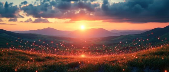A serene sunset over rolling hills, with glowing particles enhancing the tranquil atmosphere.