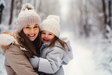 Obraz premium Happy mother and daughter are hugging in snowy forest during winter