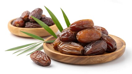 Dried juicy dates fruits with fresh leaves in a wooden bowl isolated on white background