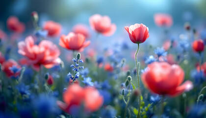 Obraz premium Serene Poppy Field: Delicate Blooms in a Soft Blue Haze