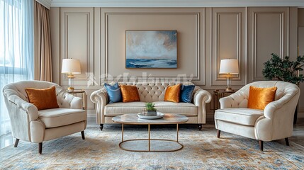 Elegant Living Room Interior Design: Luxurious Beige Sofa, Armchairs, and Coffee Table