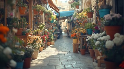 Flower shop alley in historic town, sunny.