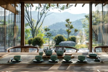 Fototapeta premium Serene tea ceremony setting in a traditional Asian teahouse overlooking a tranquil garden and mountains.