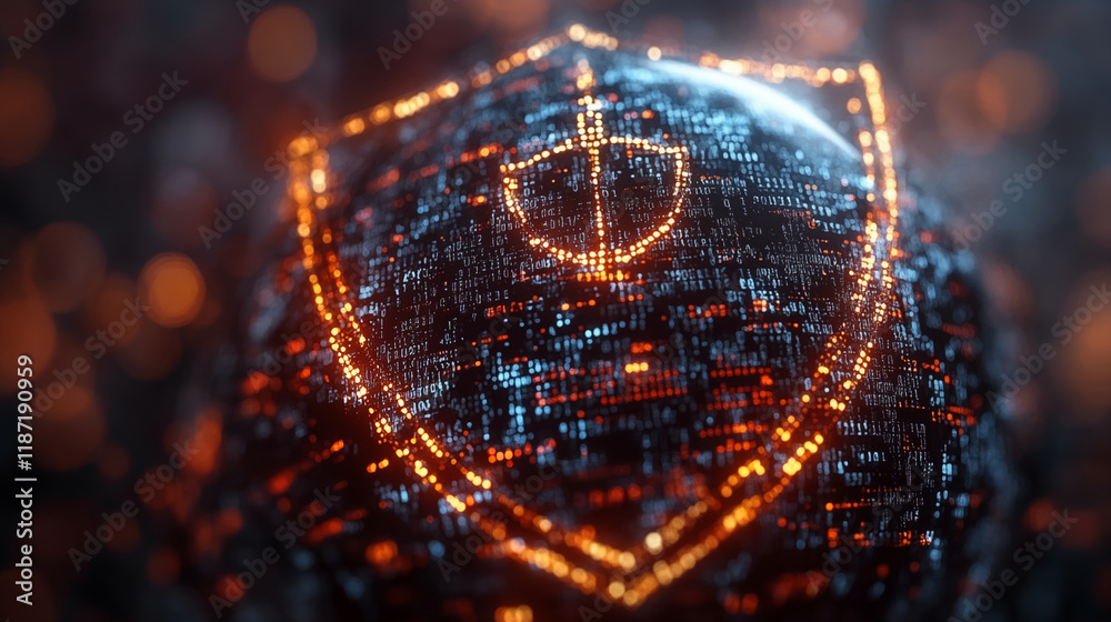 Wall mural digital shield glowing on binary code background, cybersecurity protection concept