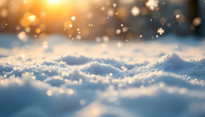 Fototapeta premium Snowy Winter Landscape: Golden Hour Glow and Falling Snowflakes