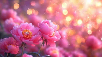 Fototapeta premium Warm blurred bokeh lights floating over colorful blossoms, producing a calm and delicate ambiance, book illustration style