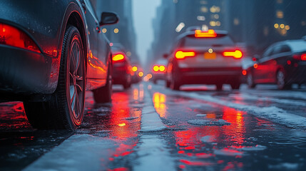 Car wheel reflection in wet street, urban night scene with traffic lights