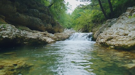 Serene mountain stream cascading over rocks.