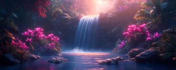 Obraz premium Serene waterfall in a mystical jungle with vibrant pink flora, bathed in warm sunlight.