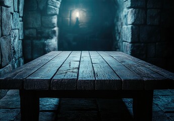 Isolated Stone Table in a Dark, Ancient Dungeon