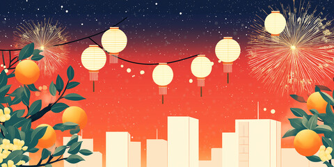 Fototapeta premium vibrant chinese street scene with dragon lanterns, fireworks, and mandarins in flat design 