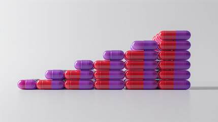 Red and purple capsules stacked in ascending order, forming a bar graph shape on a clean white background. Concept of healthcare trends. 3D