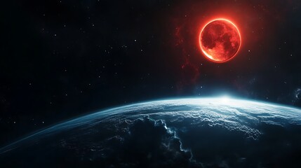 Obraz premium Crimson moon shining brightly on waves under a vast horizon image