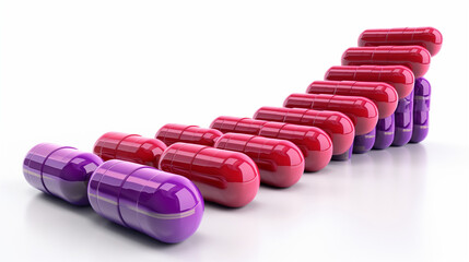 Red and purple capsules stacked in ascending order, forming a bar graph shape on a clean white background. Concept of healthcare trends. 3D