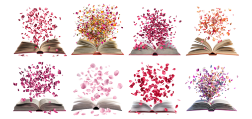 Pack Petals Falling on Open Books set Against a Transparent Background for Education, Inspiration, or Artistic Themes