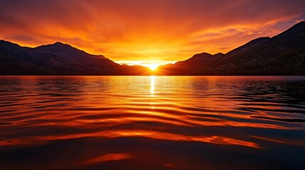 Fototapeta premium Serene Sunset Over Lake Surrounded by Majestic Mountains and Reflections