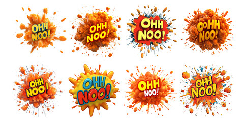 Pack Comic Explosion with the Text "OHH NO" in Bold Typography, set Against a Transparent Background for Surprise, Shock, or Urgent Reaction Campaigns