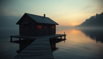 Fototapeta premium Serene floating cabin on a calm lake at sunrise with misty backdrop