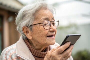 Obraz premium Elderly woman engaging with smartphone voice assistant for communication