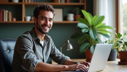 A smiling man sits at a desk, working on a laptop