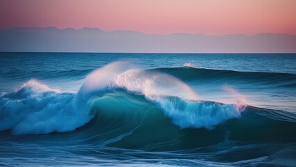 Fototapeta premium Stunning teal wave crashing on the beach at sunset. Pink and purple sky, tranquil ocean scene. Perfect for travel, nature, and serenity themes
