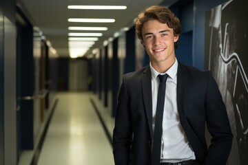 Naklejka premium Portrait of a smiling young businessman standing in an office corridor