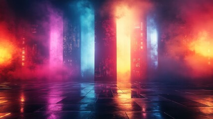 Naklejka premium Neon Cityscape at Night: Futuristic Cyberpunk Scene