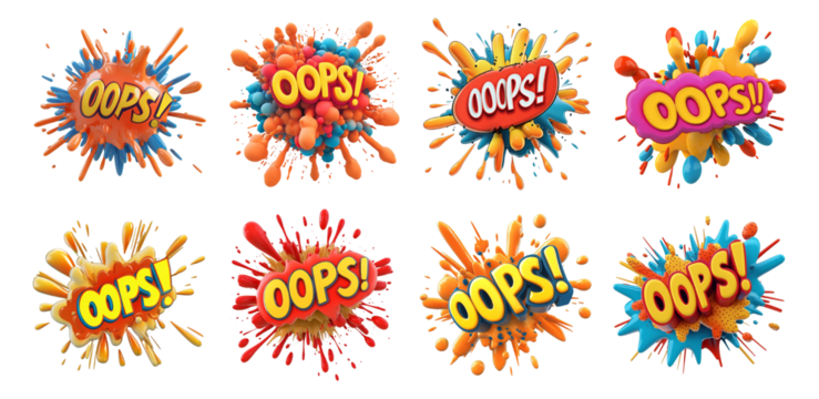 Pack Comic Explosion with the Text "OPS" in Bold Typography, set Against a Transparent Background for Fun, Mistake, or Oops Moments Campaigns