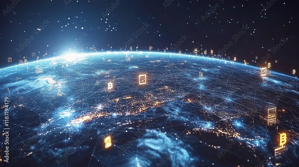 Poster global telecommunication network with blockchain technology visual
