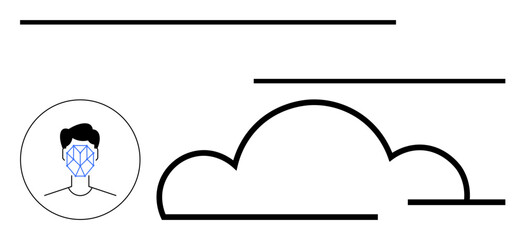 Facial recognition pattern on a human face, cloud icon, and horizontal lines representing data flow. Ideal for AI technology, cloud storage, identity verification, cybersecurity, data transfer