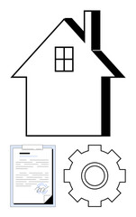 House outline, clipboard with a contract, and gear icon symbolize property management, homeownership, real estate contracts, engineering, and process optimization. Ideal for housing, real estate