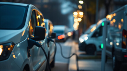 Fototapeta premium Electric vehicles charging at night in a city. A row of cars plugged into charging stations, illuminated by streetlights.