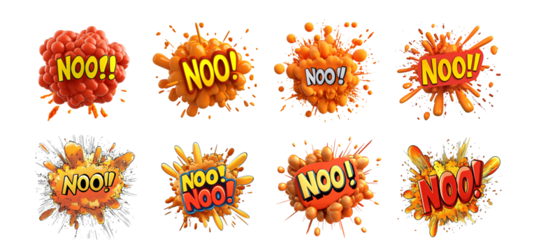 Pack Comic Explosion with the Text "NOO" in Bold Typography, set Against a Transparent Background for Fun, Reactions, or Playful Campaigns