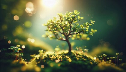 Obraz premium Mystical forest, bonsai tree, glowing fireflies, magical atmosphere, shafts of light, ethereal mist, fantasy landscape, miniature ecosystem, vibrant greens, dream-like scene, surreal lighting, fairy t
