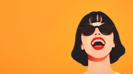 Bright and cheerful woman with sunglasses and red lips against a vibrant yellow background having a joyful moment