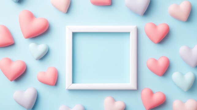Colorful heart decorations surrounding a blank frame on a light blue background for creative display or celebration