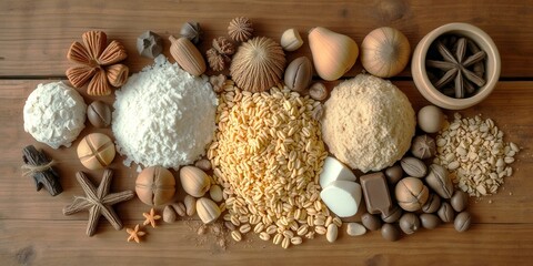 A variety of spices and grains are laid out on a wooden table. The spices include cinnamon, nutmeg, and cloves, while the grains consist of wheat and rice. Concept of abundance and variety