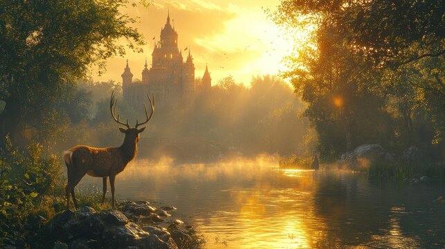 Majestic deer by misty river, fairytale castle sunrise.