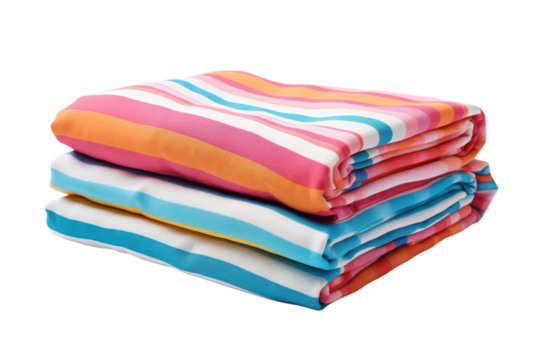 Colorful striped towels stacked neatly on a white background, ready for use at the beach or pool