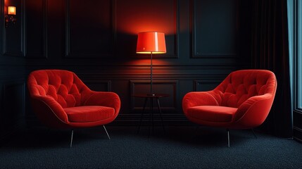 Red velvet chairs, dark room, intimate setting, conversation, interior design