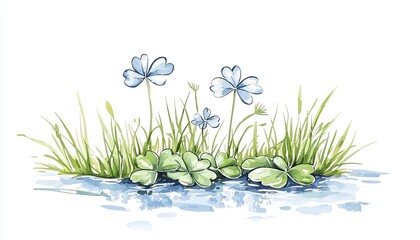A serene watercolor illustration of blue flowers and lush green grass by a calm water body, evoking tranquility and nature's beauty.