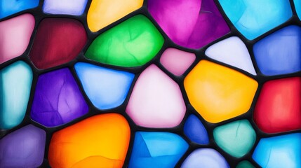 Colorful Stained Glass Window Interior Design - Abstract multicolored stained glass; symbolizes artistry, light, spirituality, beauty, and vibrant energy.