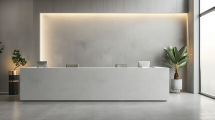 White reception counter in modern room with light gray walls. Blank registration desk in hotel, spa or office. Reception mock up with copy space for branding, logo. Contemporary style. 3D rendering.