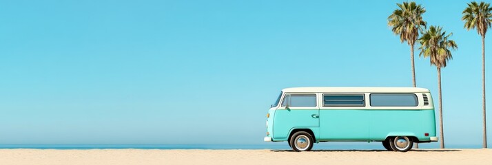 Light blue vintage van parked on a sandy beach with palm trees and turquoise ocean in the background, enjoying summer holidays in a tropical paradise