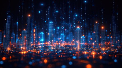 Obraz premium Digital city skyline at night with data flow, ideal for tech backgrounds.