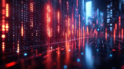 Obraz premium Digital city with binary code streams, data flow, futuristic cityscape background.