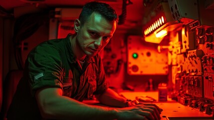 Fototapeta premium Soldier operating equipment in a military control room with red lighting at night
